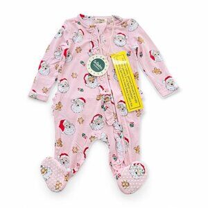 NWT Tullabee Ruffle Footie Vintage Santa Pink Bamboo 0/3 Month Baby